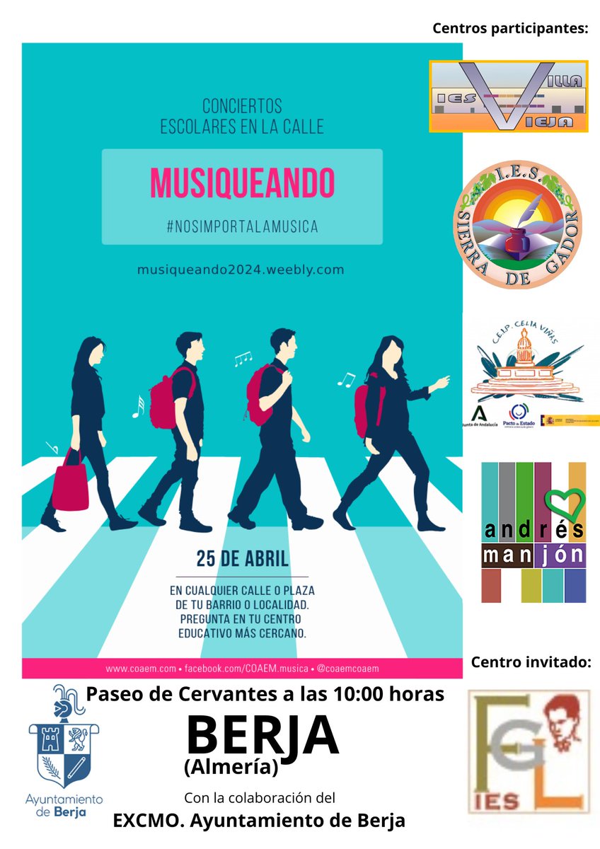 iesvillavieja's tweet photo. Mañana celebramos nuestro tercer #Musiqueando consecutivo. Esta vez seremos más de 400 estudiantes y un total de 5 centros participantes para sacar música modesta, inclusiva y vibrante de las aulas y disfrutarla en las calles de Berja. https://t.co/ZbJE9CNEFB