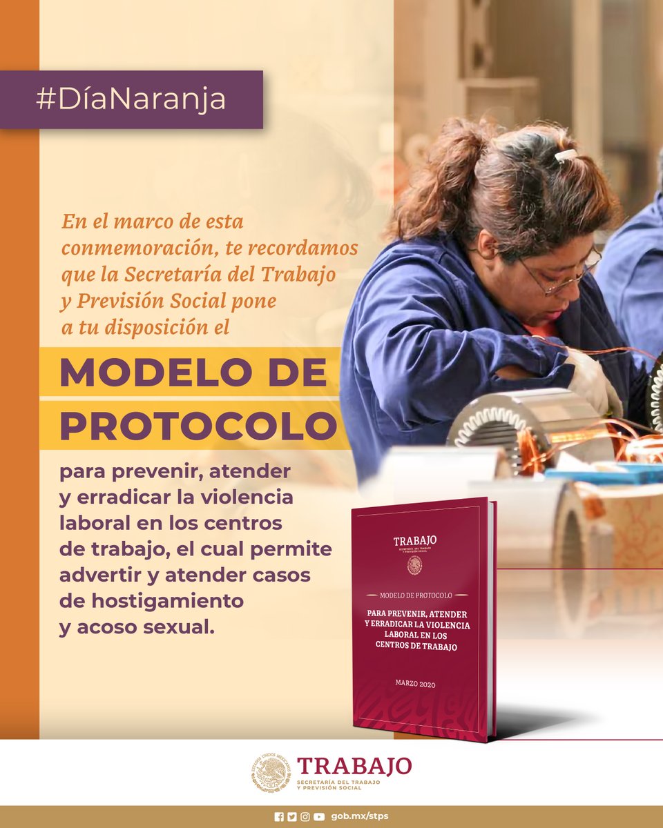🟠 El #DíaNaranja busca generar conciencia sobre la erradicación de la violencia contra las mujeres. 🙋‍♀️ En la #STPS contamos con un Modelo de Protocolo para prevenir, atender y erradicar la violencia laboral en los centros de trabajo. 📋💼 👉Conócelo shorturl.at/dFLX9