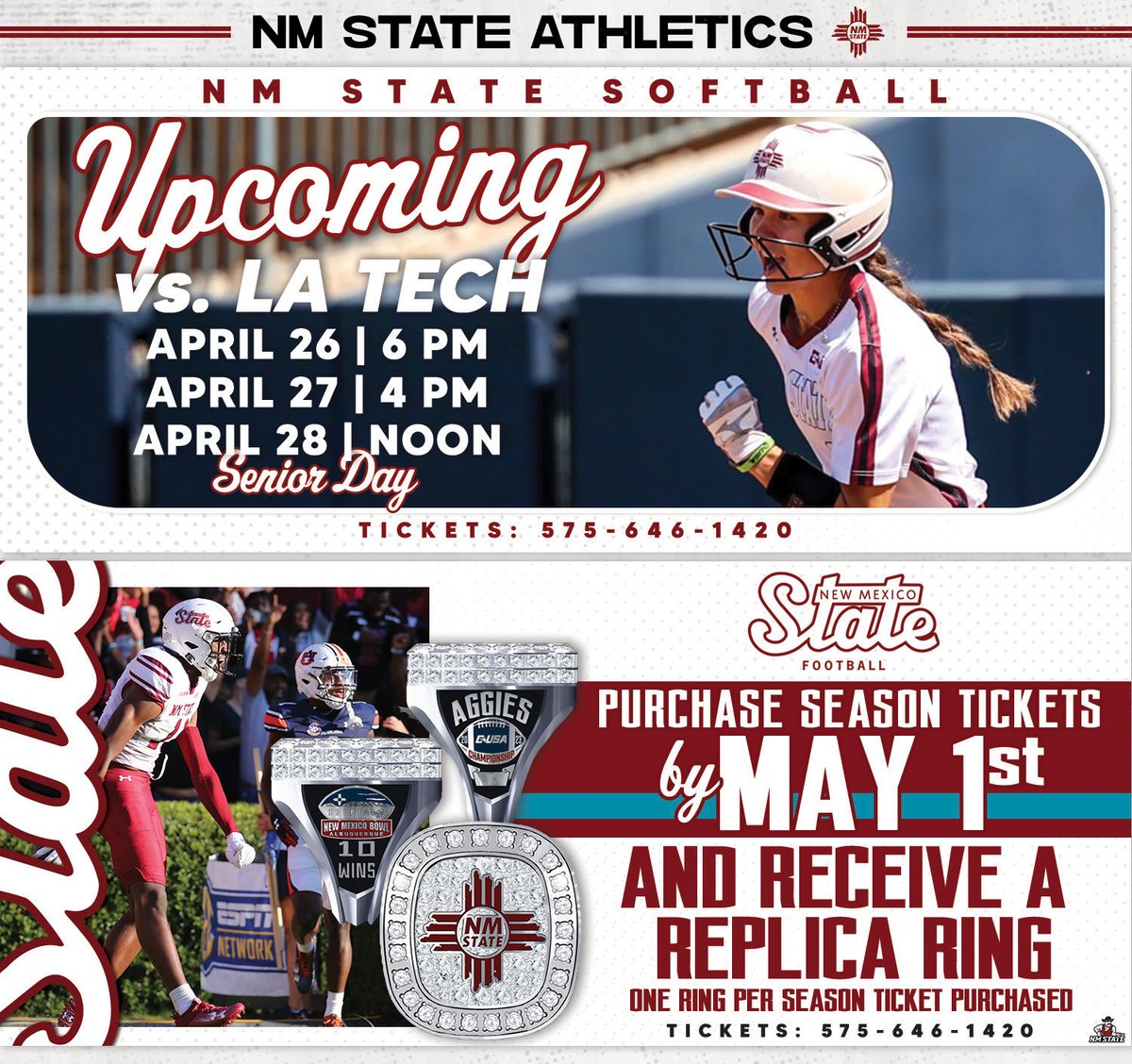 𝙏𝙝𝙞𝙨 𝙬𝙚𝙚𝙠𝙚𝙣𝙙 🔜 Join @NMStateSoftball for their final regular season home series as they host LA TECH Be at the NM State Softball Complex on Sunday as we honor our Senior Class of players 🥎 #AggieUp | #NoLimitsOnUs