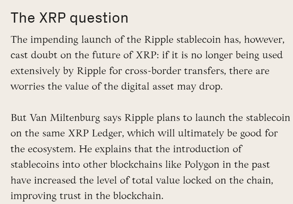 A rare question from me @JoelKatz 🙏
Can you help me to understand?
Eric Van Miltenburg, (Ripple SVP) in the Digital Frontiers article interview, explained for some of the payment corridors (s) within its network, Ripple has been using stablecoins.
ok, but... 
He also said the…