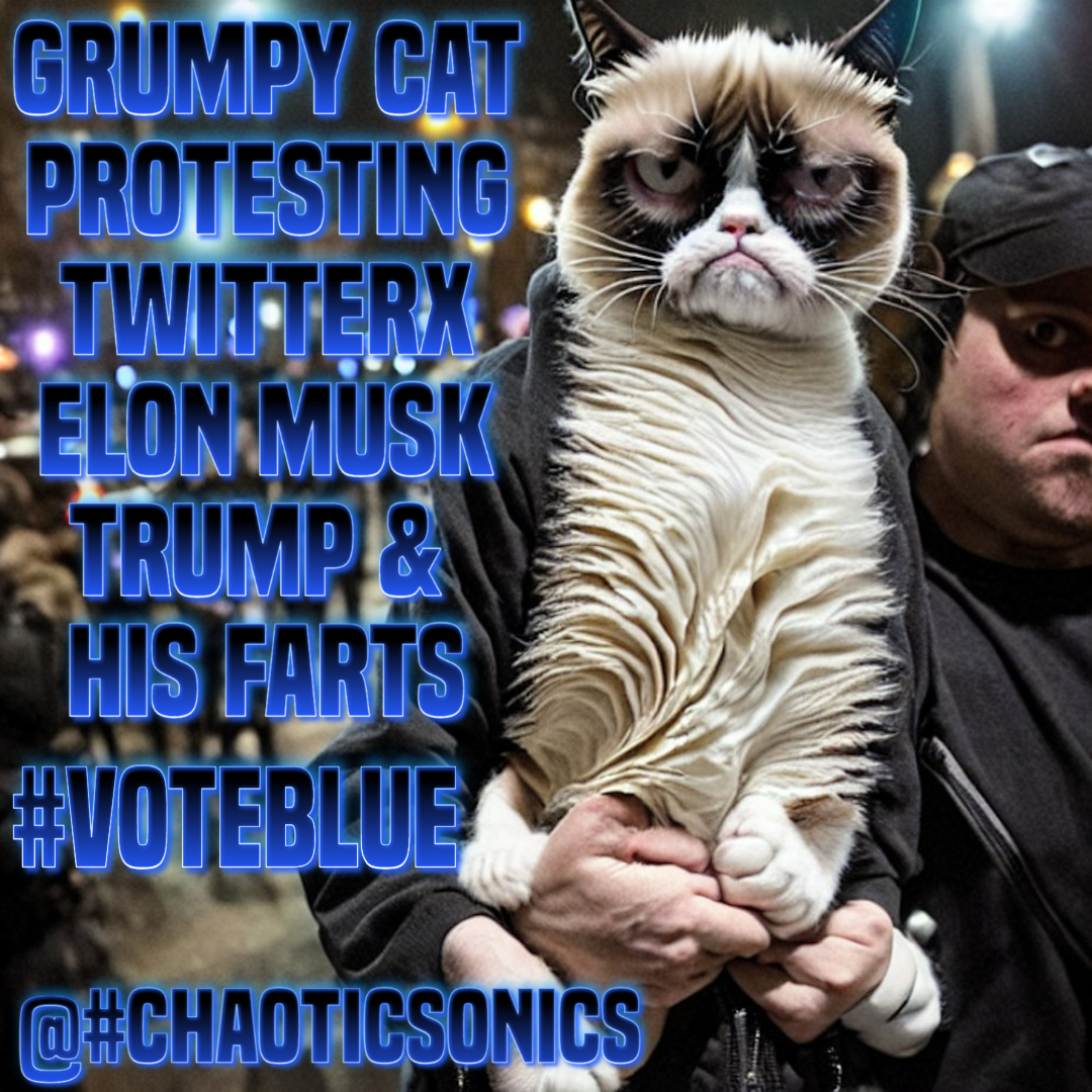 ChaoticSonics's tweet photo. Grumpy cat protesting TwitterX , Elon Musk , Trump & his farts. #Grumpycatmeme #voteblue #grumpycat #TwitterX #memes https://t.co/ohL8uOagnk