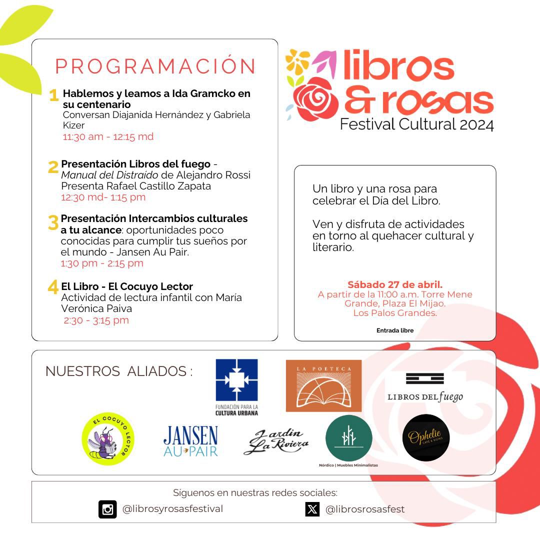 El sábado #27Abril de 11 am a 4 pm no te pierdas el @librosrosasfest
Nos vemos en la plaza del Mijao, Torre Mene Grande.
Ven y recibe un libro y una rosa
@QueLeer, @CulturaUrbana, Jardín La Riviera, Nórdicos Muebles, Cocuyo Lector, @LibrosdelFuego, Jansen Au pair y Ophelie Café.