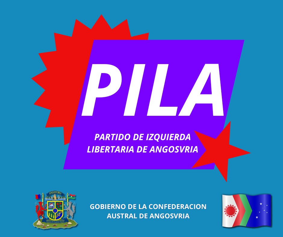 Gobierno de Angosvria: 
Se suma un nuevo partido de el Partido de  Izquierda Libertarias de Angosvria- PILA (Centro Izquierda) 
#Angosvria #Partidopolitico #Mundopolitico #Micronaciones #Micronations