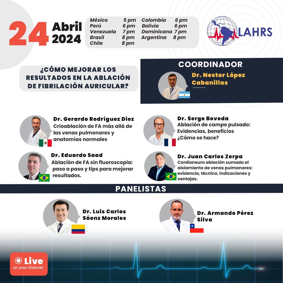 #WebinarLAHRS ¿Cómo mejorar los resultados en la ablación de Fibrilación Auricular? Faltan unas horas para comenzar 😀 17 hs 🇲🇽 20 hs 🇨🇱🇧🇷🇦🇷 19 hs🇻🇪🇩🇴 18 hs 🇨🇴🇧🇴🇵🇪🇪🇨 INSCRÍBETE SIN COSTO AQUÍ lahrs2024.com/registro/