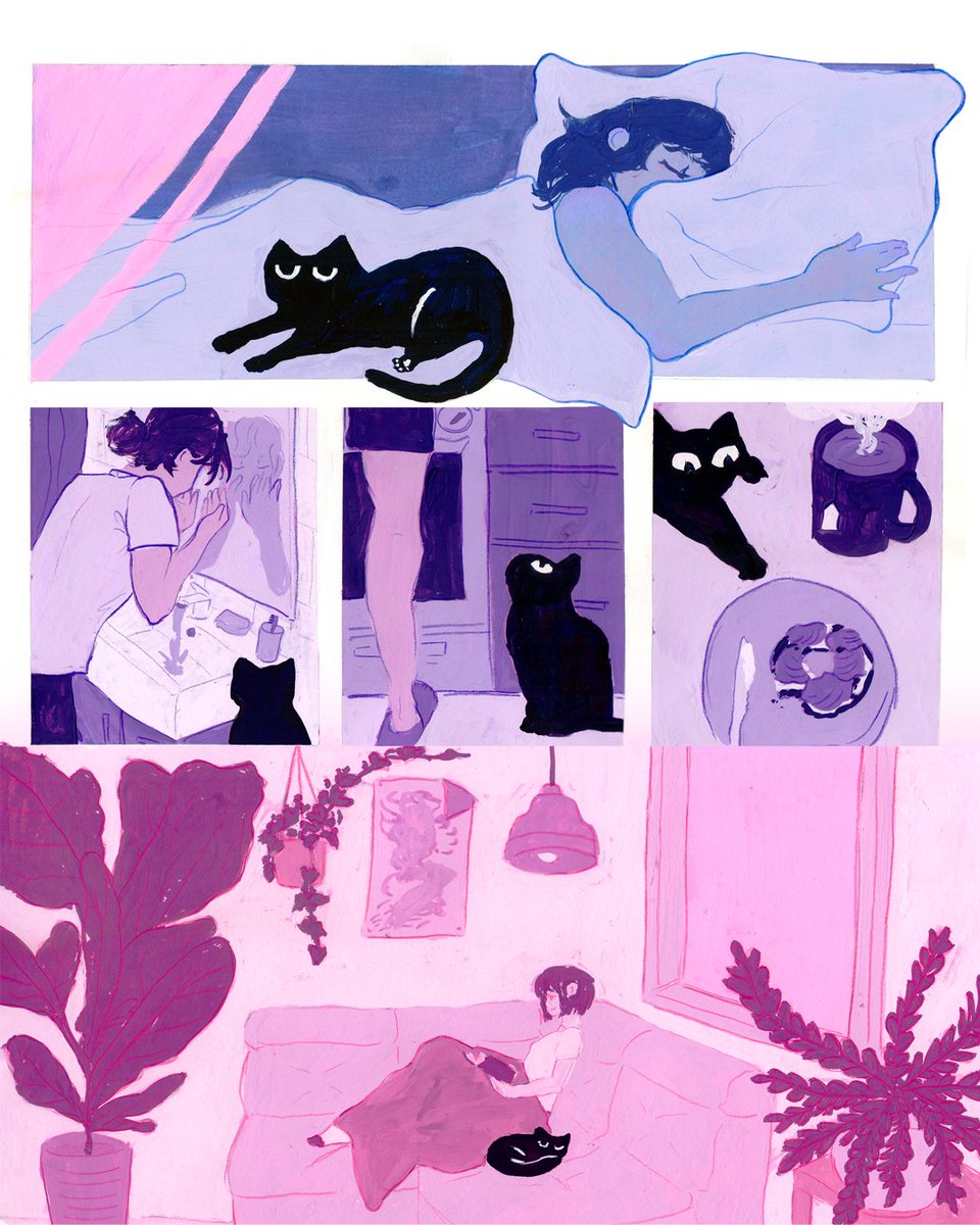 aylapng's tweet photo. Here’s a comic layout that I painted a couple of months ago. I’m very fond of lazy mornings where I can slowly wake up, so I focused on that sentiment here (and of course I had to include a cat). 🐈 https://t.co/qe2une6tp0