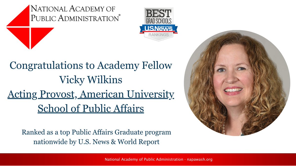 Congratulations to American University School of Public Affairs and Academy Fellow Acting Provost Vicky Wilkins for being named one of the top-ranked master's programs in public affairs in the 2024 U.S. News & World Report list of #BestGradSchools! usnews.com/best-graduate-…