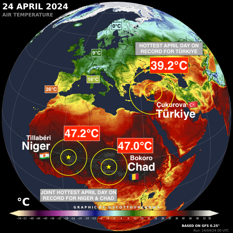 Turkey 🇹🇷 has just hit a high of +39.2°C (102.6°F). This is the highest temperature recorded in the month of April for Turkey. It is extremely hot in Africa too. Both Niger 🇳🇪 and Chad 🇹🇩 equal their respective April national records. Meanwhile the chill continues in Europe...
