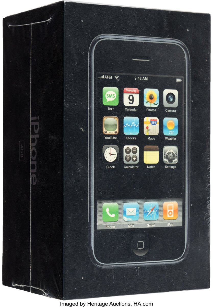 One of the to-watch items in tomorrow's Americana & Political Signature® Auction? A rare 4GB iPhone from 2007 that was swiftly discontinued only two months after its debut. Sealed and complete with its drawstring bag. 📲 Starting bid is $32,500. heritageauctions.co/3QmB85x