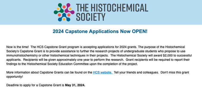 Undergrads & Faculty Mentors: Apply today for an HCS Capstone Grant for $2,000 towards your research project! To learn more and to apply, click here: hcs.memberclicks.net/capstone-grants #scicomm #AcademicTwitter #AcademicChatter #STEMeducation