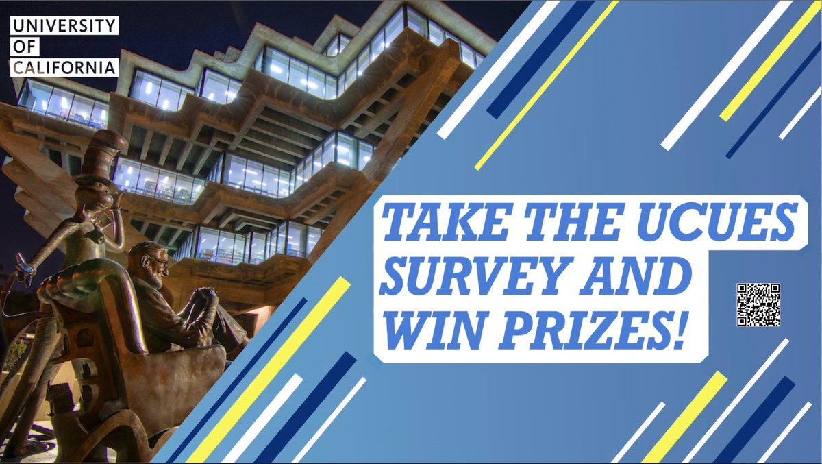 📢 Participate in the largest survey given at UC San Diego! 🏆 Take the @UofCalifornia Undergraduate Experiences Survey for the chance to win weekly prize drawings (gift cards) or a grand prize at the end of the survey period! 🔗 More info: bit.ly/3VTzoV8