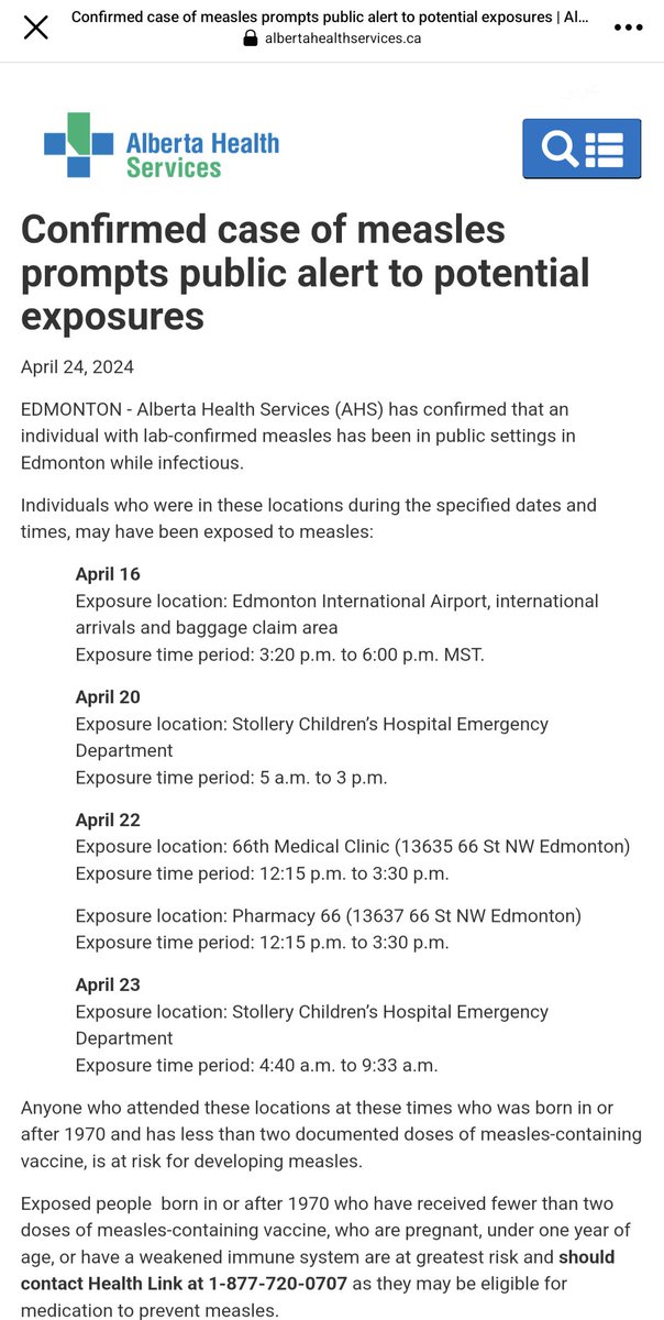 Confirmed case of measles in Edmonton #yeg