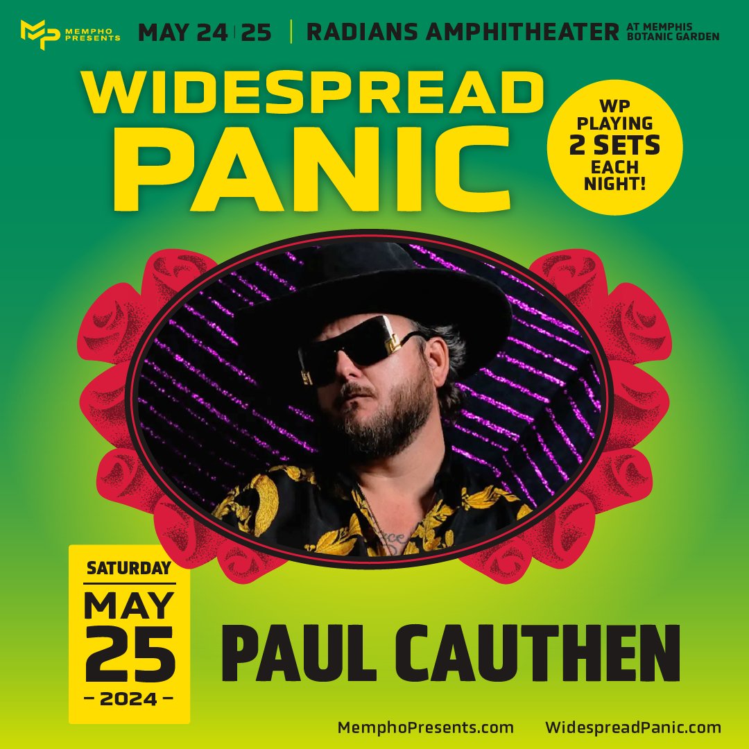 Widespread Panic returns to Memphis, TN, for two shows at Radians Amphitheater at the Memphis Botanic Garden on May 24 and 25, 2024! Joining the band are special guests Margo Price (May 24) and Paul Cauthen (May 25). Tickets are on sale now! bit.ly/49PDj8M
