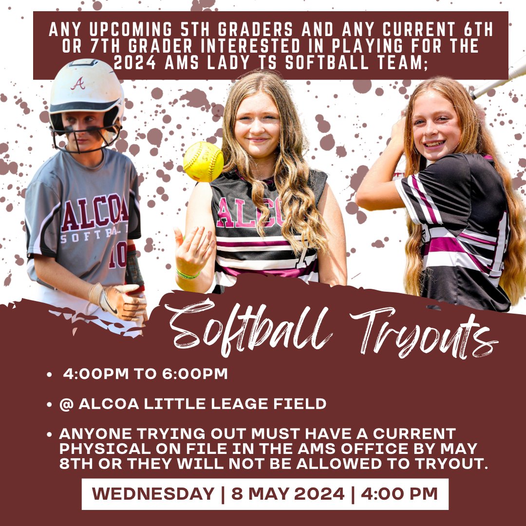 AlcoaMiddle's tweet photo. When: May 8th / Time: 4:00-6:00pm 
Location: Alcoa Little League Field
*Must have current physical to participate. https://t.co/6ilT6HrnoN https://t.co/40zoMGwPf2