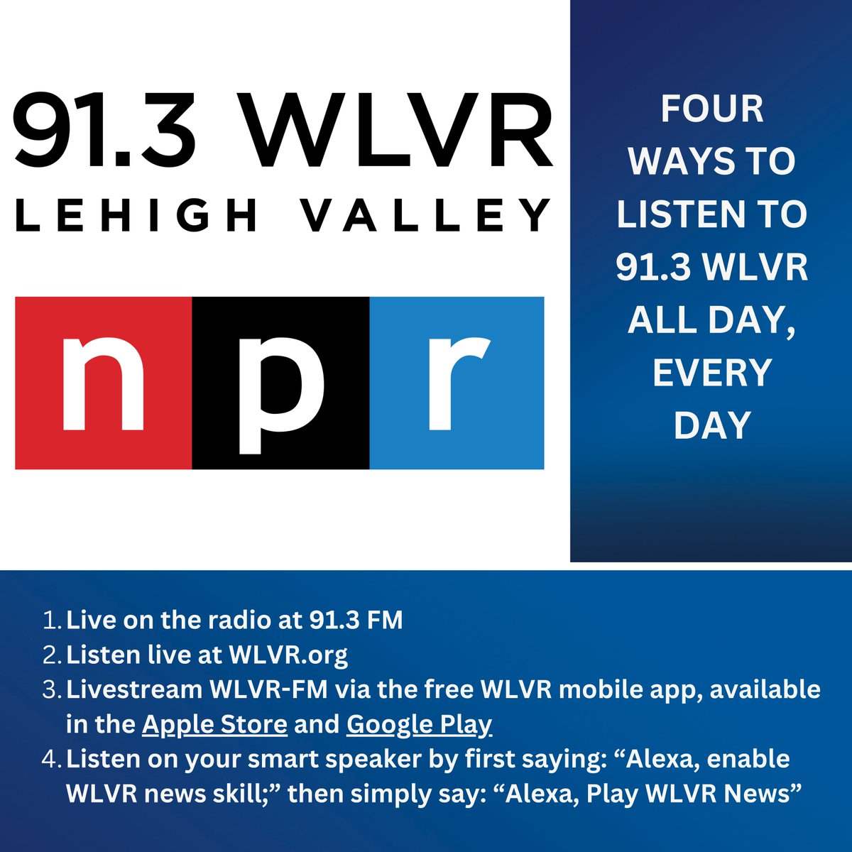 Did you know that Lehigh Valley Public Media is home to an all day, every day #NPR radio station? It's called WLVR News and you can listen to it on your radio, thru its smartphone app, or thru its web site - wlvr.org.
#publicradio #nonprofit #localnews