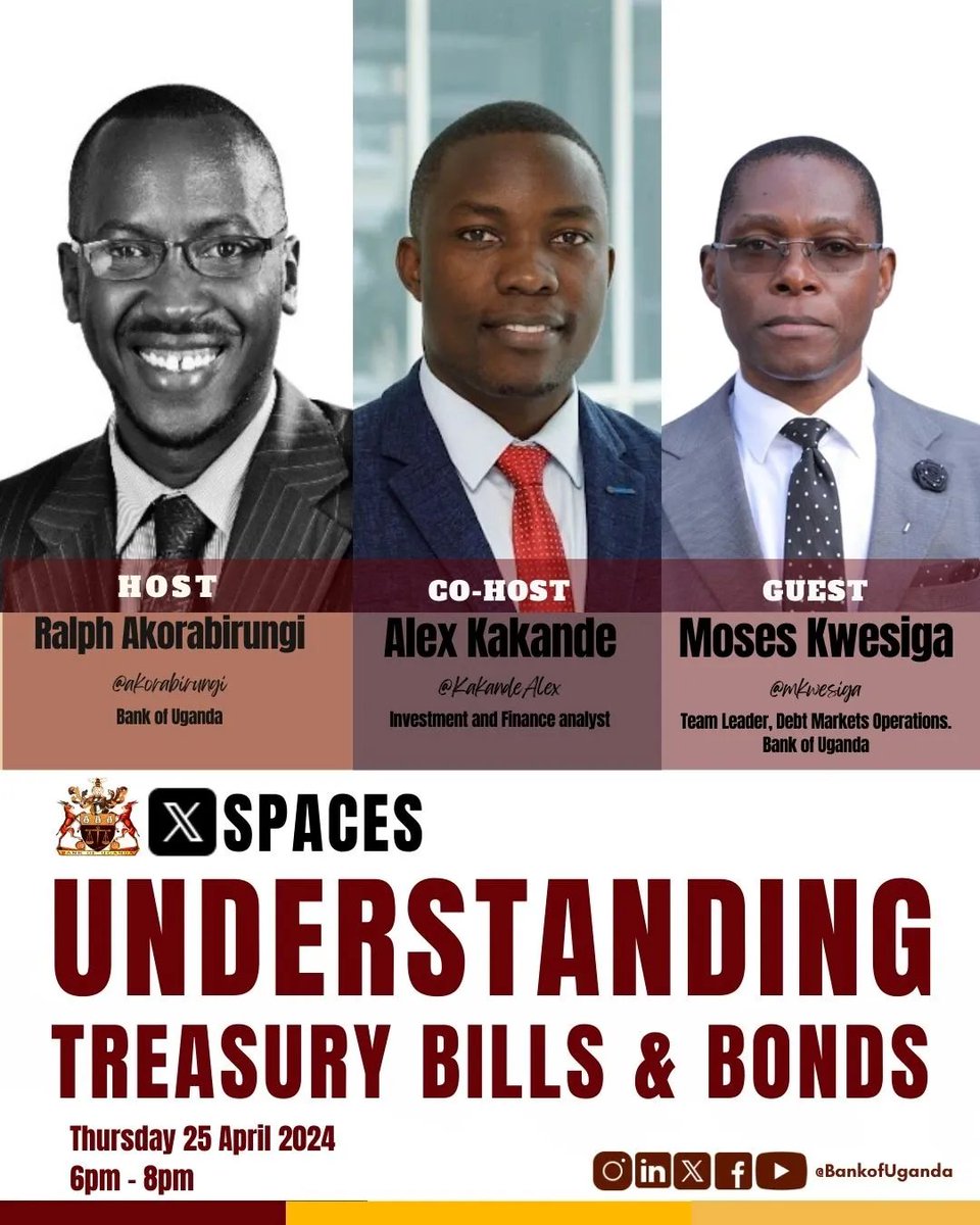 This evening, I'm delighted to Join @akorabirungi from @BOU_Official and Moses Kwesiga as we discuss Treasury Bonds and Bills. Tune in, Listen in and invite friends. Investing and building our Capital Markets. Space will start at exactly 6 PM Uganda time.