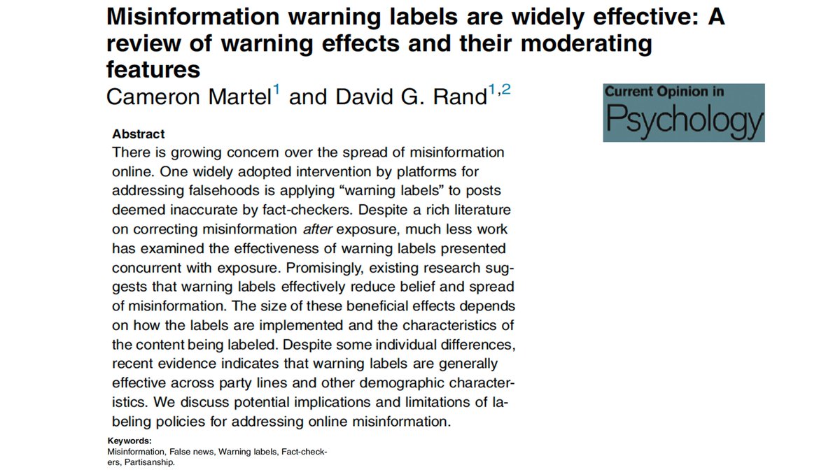 🚨New review🚨 Do warning labels on misinformation actually work? In Current Opinion in Psychology, @DG_Rand & I show that the answer is YES: warnings can reduce belief & sharing by ~25-50%! We also review moderators (eg more visible=bigger effect) sciencedirect.com/science/articl…