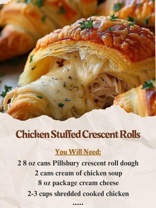 'Chicken Stuffed Crescent Rolls Ingredients: 2 8 oz cans Pillsbury crescent roll dough 2 cans cream of chicken soup 8 oz package cream cheese, softened 2-3 cups shredded cooked chicken 1 package Italian dressing mix (or 3 tablespoons) 2-3 green onions, chopped (optional)