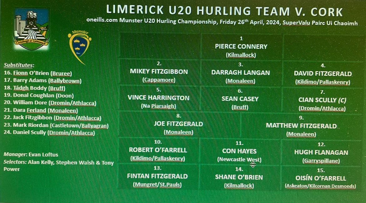 Limerick U20 Hurling team Announced:l Evan Loftus and his management team has released their Limerick U20 Hurling team and match panel that will take on Cork in Rd 3 of the oneill.com Munster U20 Hurling Championship at 7pm this Friday in SuperValu Pairc Ui Chaoimh