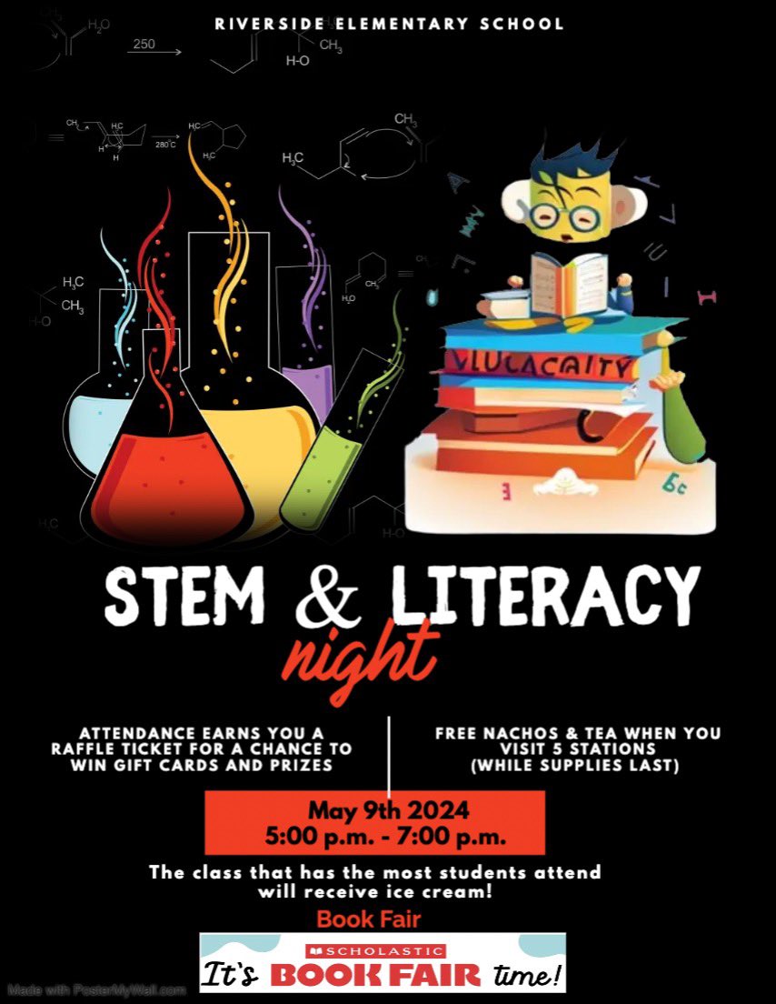 Join us for our STEM and Literacy Night!!

Attendance earns you a raffle ticket for a chance to win gift cards and prizes.

The school that has the most attendance will receive an ice cream.

Free nachos and tea when you visit 5 stations (while supplies last).