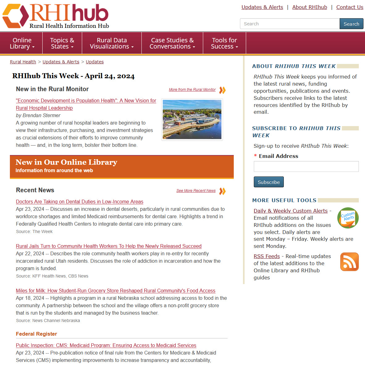 ICYMI: Our recent #RHIhubThisWeek features our newest Rural Monitor article on hospitals + economic development; LTC staffing final rule; SAMHSA suicide prevention national strategy; and more! ruralhealthinfo.org/updates/2024-0…