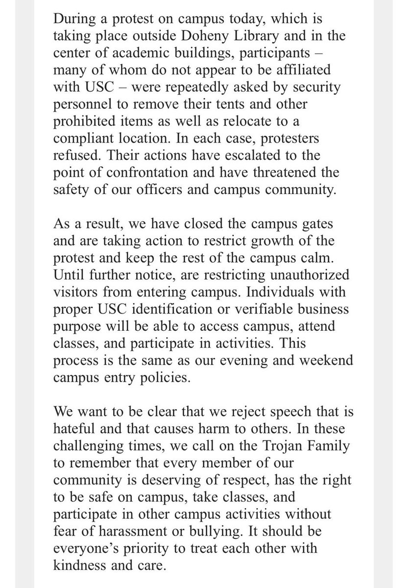 JUST IN -- USC is closing its campus gates and restricting unauthorized visitors from entering after a crowd of anti-Israel protesters, many of whom do not appear to be affiliated with USC, entered the area.