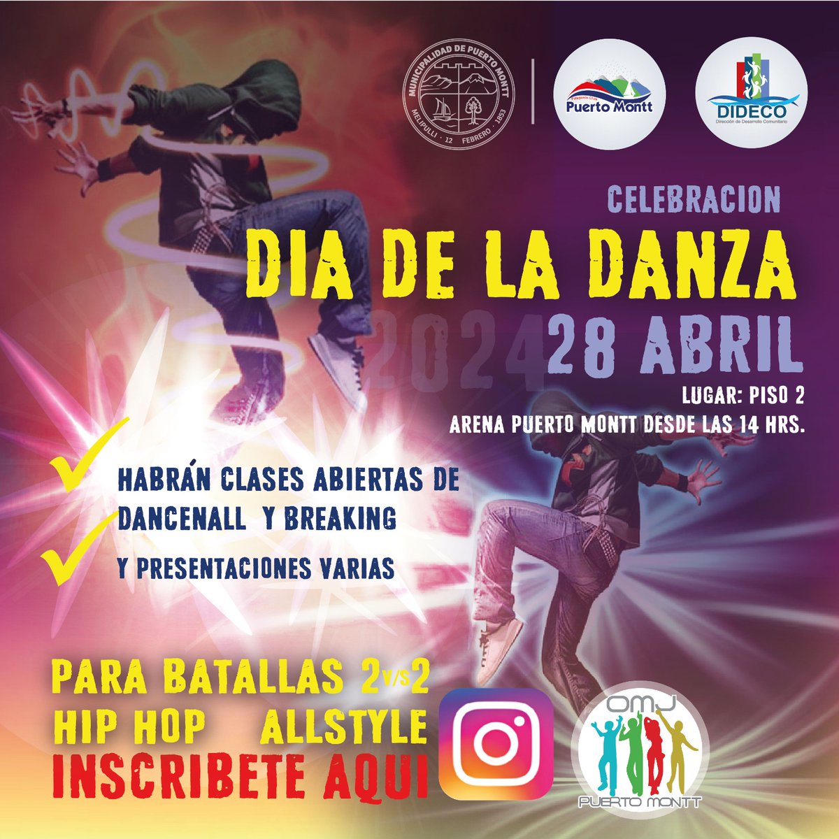 DidecoPM's tweet photo. La Oficina de la Juventud invita a la comunidad en la celebración del "Día de la Danza", en el 2° Piso de Arena #PuertoMontt este domingo desde las 14 hrs.

Clases abiertas de dancehall y breaking, duelos de batallas, entre otras actividades

#Juventud #DíadelaDanza https://t.co/JdRYNtRcXz