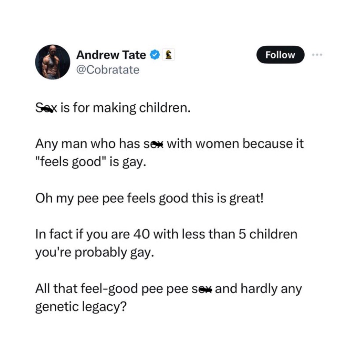 6ixbuzztv's tweet photo. Andrew Tate says men who engage in sexual activity with women because it "feels good" are gay https://t.co/MXcMfzi0LI