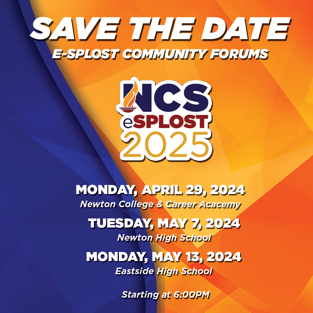 Join us at one of our NCS E-SPLOST Community Forums to learn about our upcoming E-SPLOST goals & Capital Improvement Plan projects! 🗓️April 29 at Newton College & Career Academy 🗓️May 7 at Newton High School 🗓️May 13 at Eastside High School. All meetings start at 6 PM.