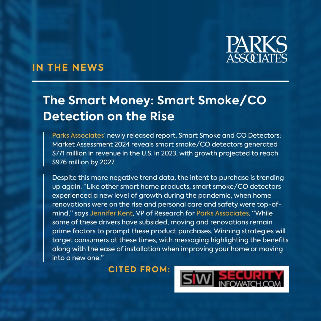 📢 We were cited in a @SecInfoWatch article originally published in @SecBusinessMag about the growth in demand for intelligent smoke and CO detection solutions by @elizparks!🏡🔒 🔗Read more: tinyurl.com/3f4tkkjb #parksdata #ParksAssociates #ParksAssociatesInsights