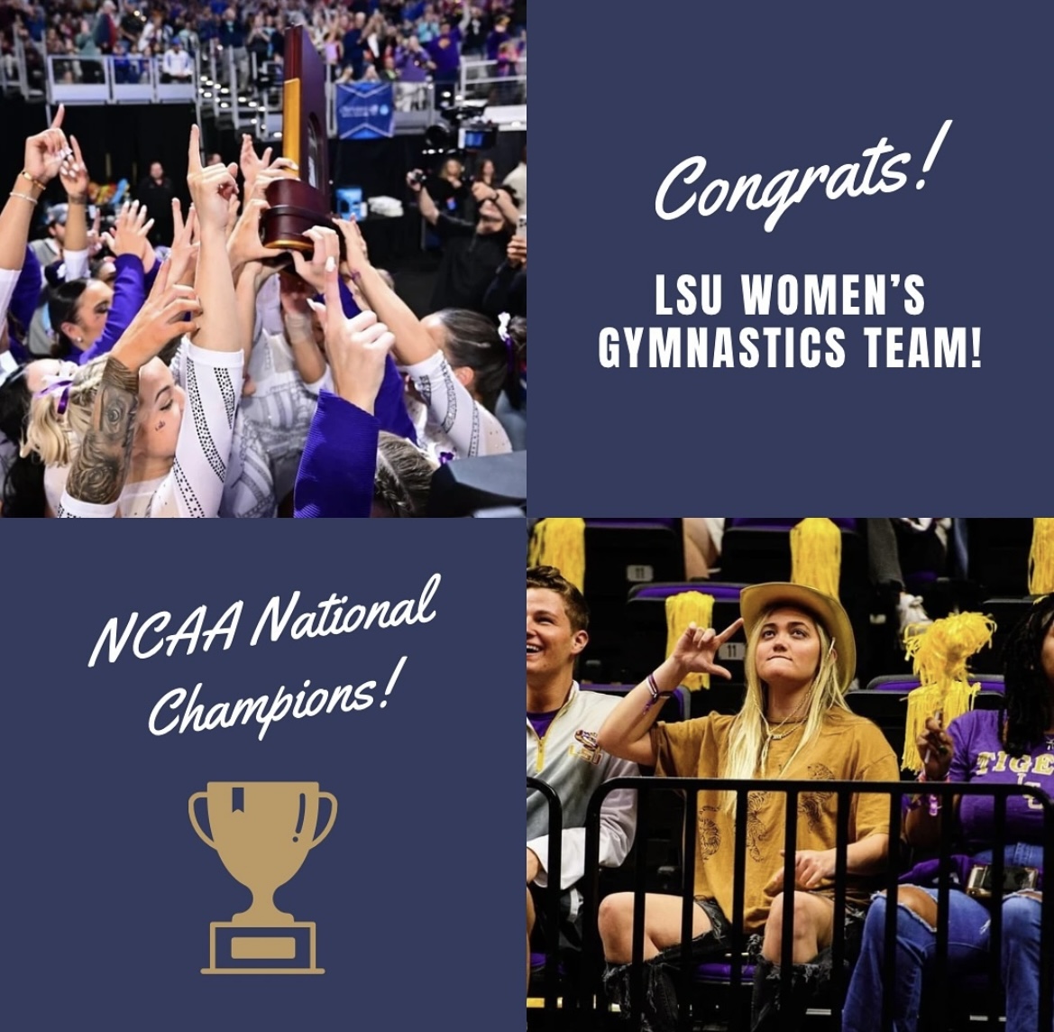 Congrats to the LSU Women's Gymnastics team who won the NCAA Championship last weekend. We know they couldn't have done it without their number one fan and our founding partner, @JulzDunne. She always brings the 🎉