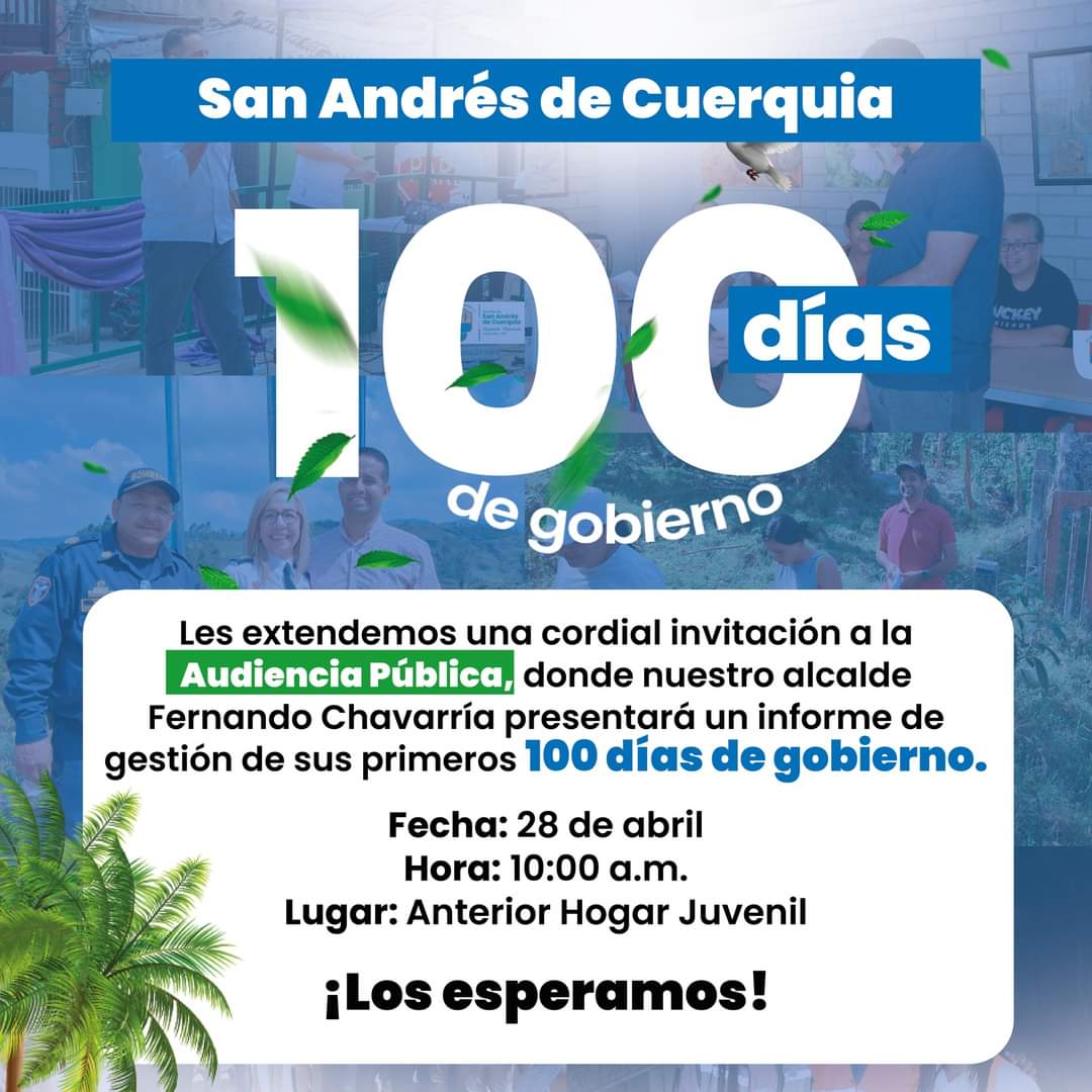¡Acompáñennos el domingo 28 de abril a las 10:00 a.m. en el Anterior Hogar Juvenil para conocer el informe de gestión de los primeros 100 días de gobierno de nuestro alcalde, Fernando Chavarría!

Su asistencia es muy importante para nosotros

Nos vemos allí 💚