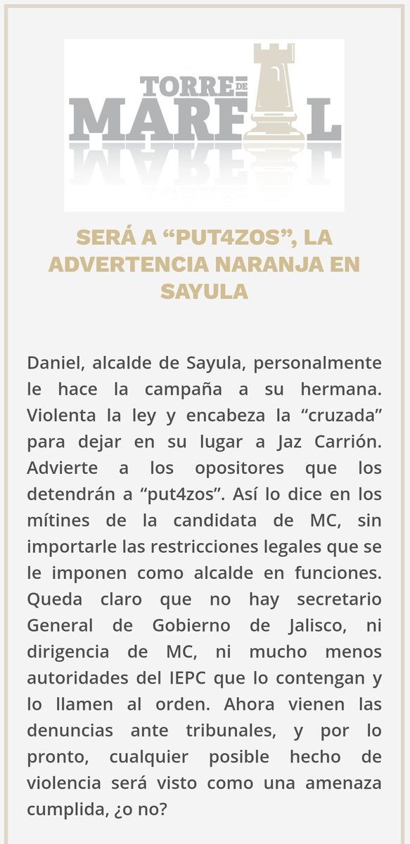 #Opinión | Así la advertencia de 'a put4zos' del alcalde de #Sayula de @MovCiudadanoJal #DanielCarrión. #TorreDeMarfil para #CuartoDeGuerra. 👇🏻

cuartoguerra.com/sera-a-put4zos…