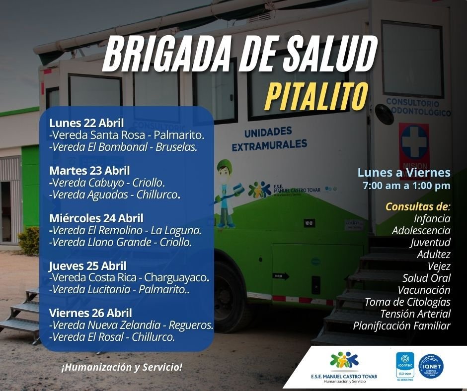 UltimoMinutocol's tweet photo. #UltimoMinuto Participa en las Brigadas de Salud de la ESE Manuel Castro Tovar en los barrios y corregimientos de Pitalito, donde se ofrecerán diferentes servicios de salud deisponibles cerca de tu casa. https://t.co/ONegTpobGc