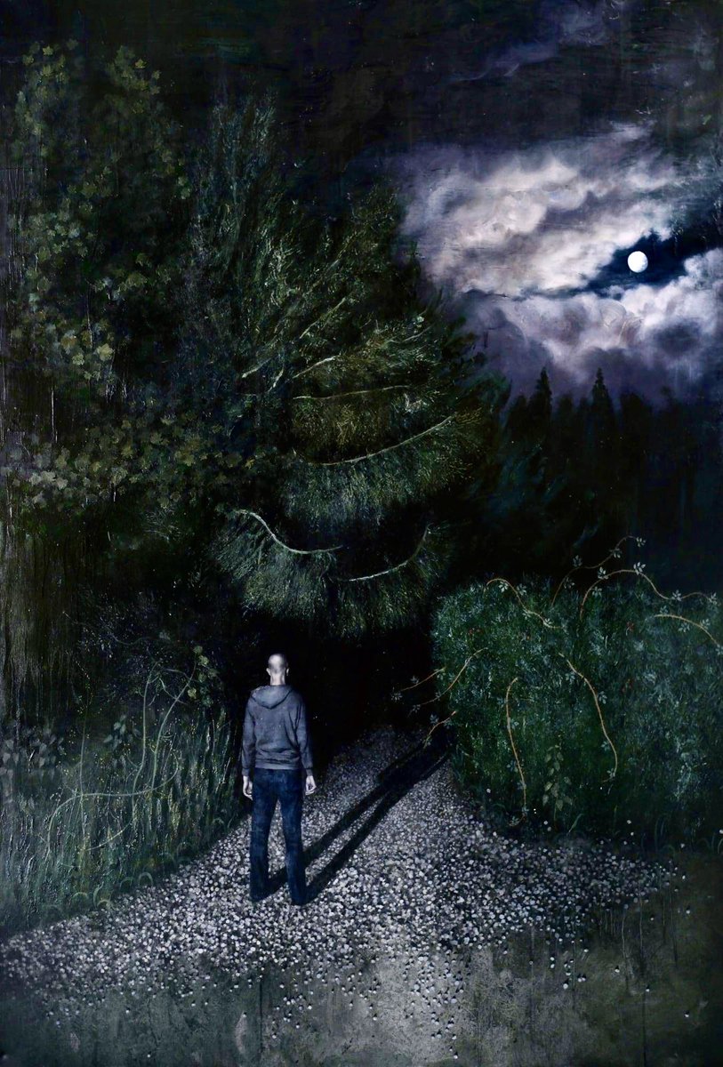 Thinking of sticking up an advert for an #InsomniacsWalkingClub in my local Tesco 🤔 🌙 🥾 

Wanderer (Oil on Linen) by Stuart Pearson Wright (b. 1975)