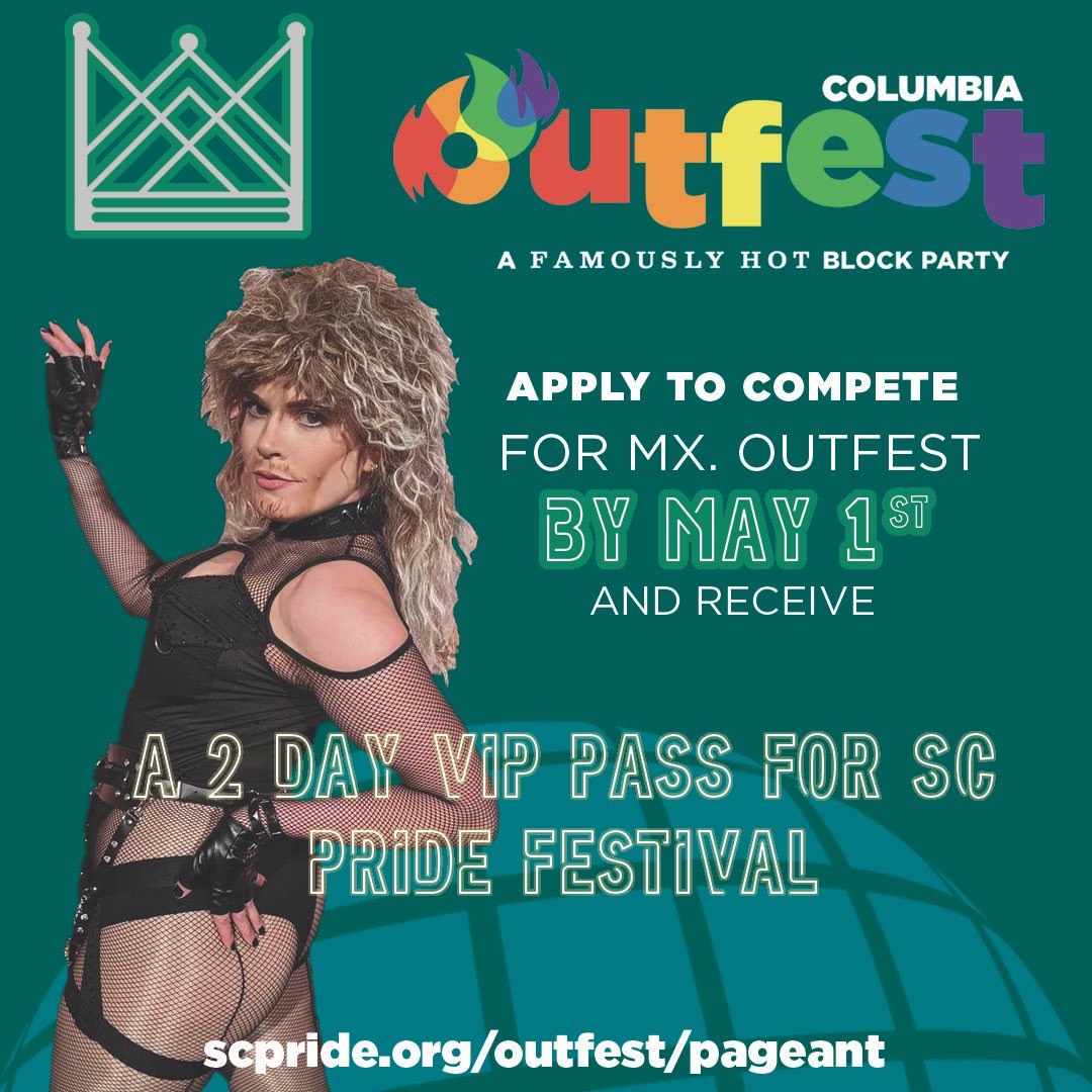 Now is the time to apply for Mr. Outfest! We are looking for competitors for our June 1st competition! Apply by May 1st and receive a 2 day VIP pass for the SC Pride Festival! Don’t miss out on this amazing opportunity to represent SC Pride.