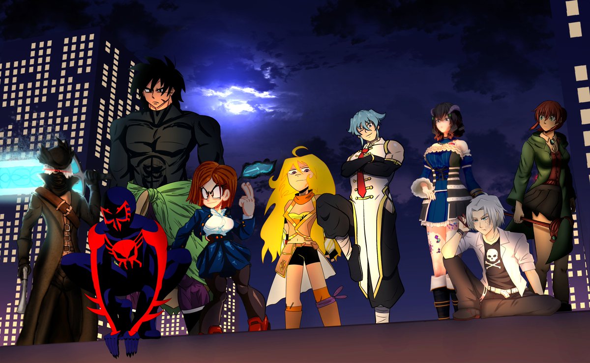 LyubiZ's tweet photo. Did one with my friend!!!
Shen - Me
Yang - @GlassofOJ 
Broly - @TheMint99491572 
Spiderman 2099 - @trakazor132 
The Hunter - @ro_erod 
Miriam - @SchneeDoTTy 
Hayato - @KittyShimaArt 
Chise - @Nell_Veil 
Nobara - @ArtsSwagg https://t.co/oVqyv4SFHL
