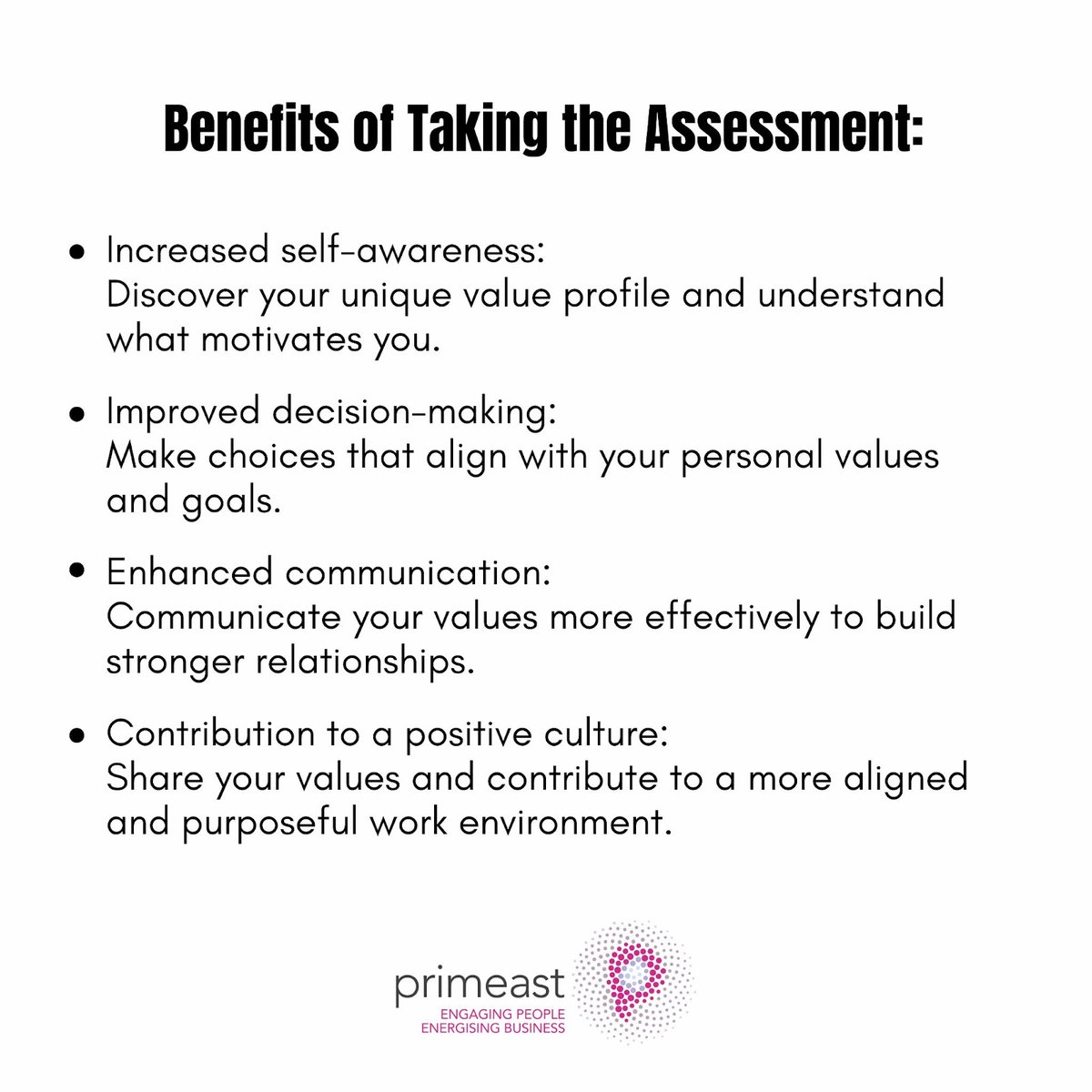 Why Values Matter:
⚫ Values drive behaviors: Understanding your core values sheds light on your motivations, preferences, and decision.
Complete the Personal Values Tool today: primeast.com/uk/barrett-val…
Share your thoughts!