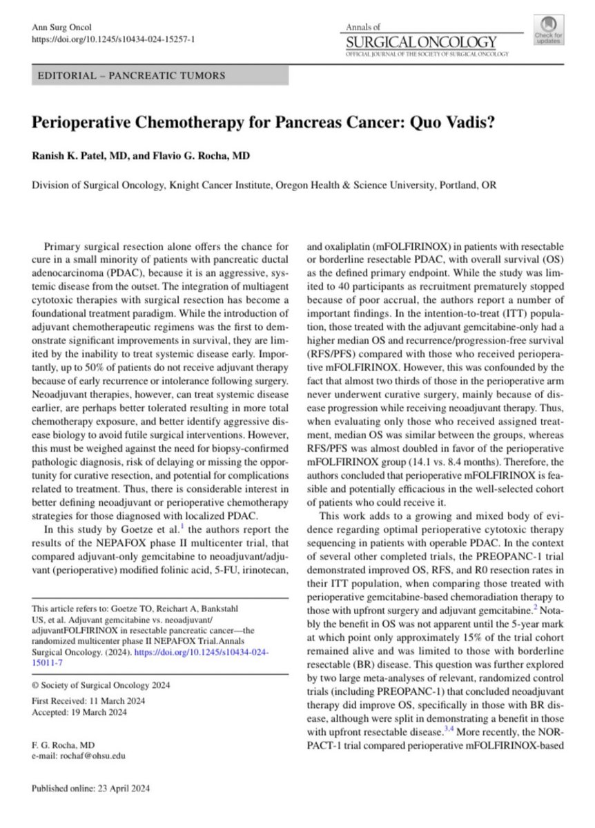 Peri-operative chemotherapy for pancreatic cancer: Quo Vadis? Nice review by rising surg onc star, @RanishPatelMD, and his mentor, @FlavioRochaMD. link.springer.com/article/10.124… #WhyOHSUSurgery #OHSUSurgOnc