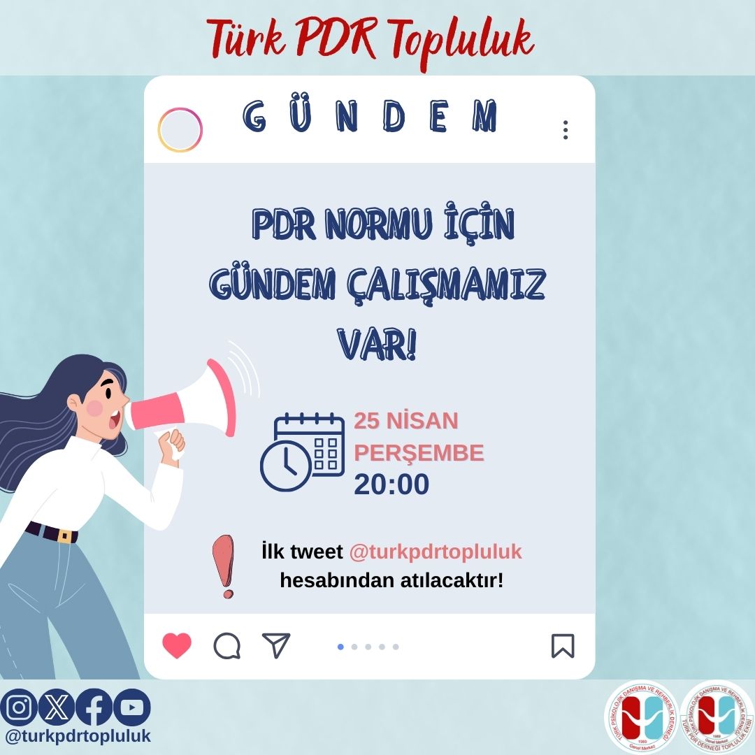 Türk PDR Topluluk ekibi tarafından 25 Nisan Perşembe günü, saat 20.00'de MEB tarafından müjde olarak duyurulan 'PDR Norm Kadro Yönetmeliği Revize' sözünü gündeme taşımak amacıyla Twitter (X) gündem çalışması yapılacaktır. Tüm meslektaşlarımızın desteğini bekliyoruz.