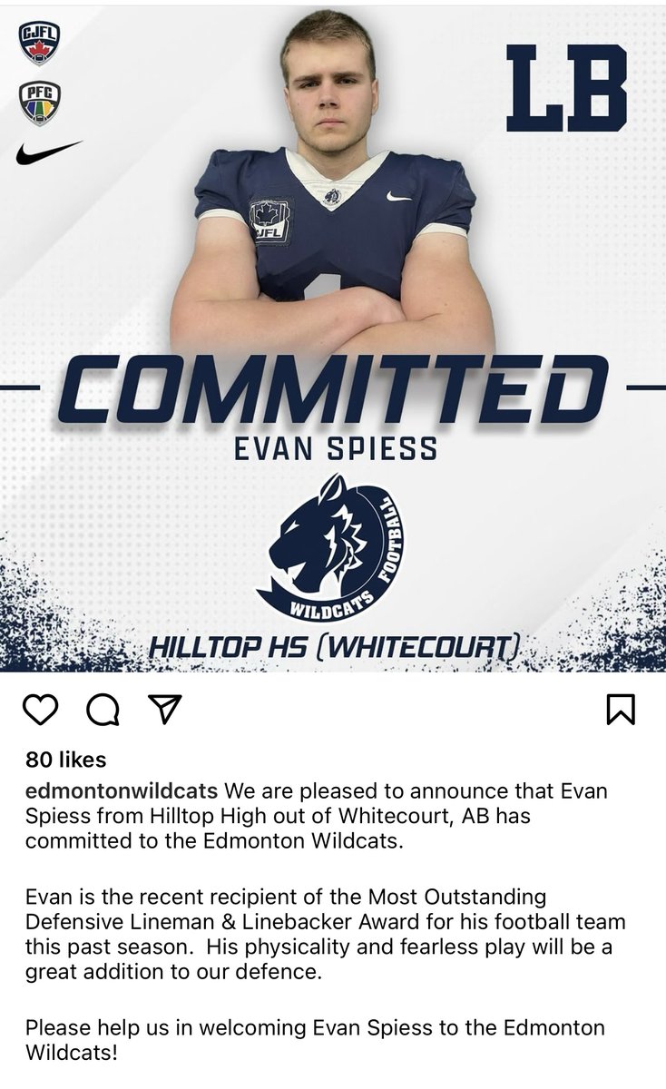 Congratulations to Evan Spiess on committing to the Edmonton Wildcats for the 2024 season!