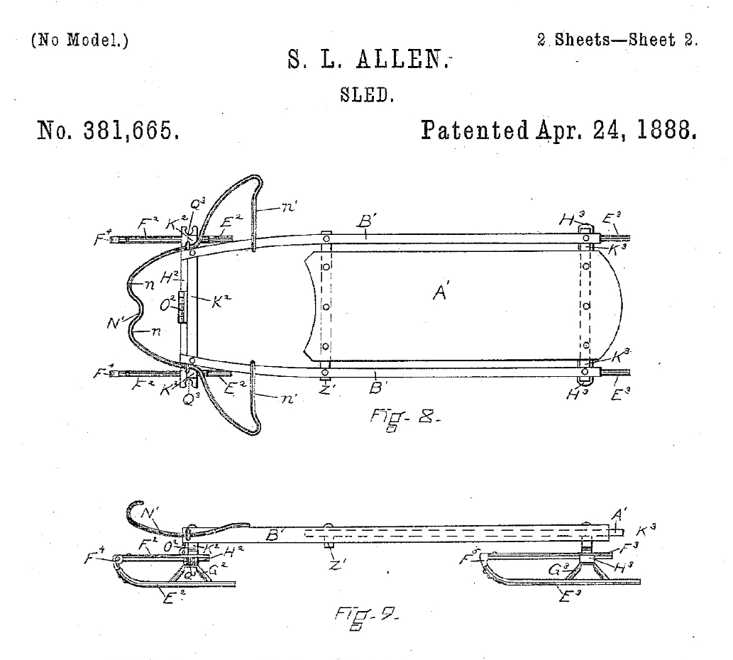 1/2 On this date in #innovation history: Samuel Allen receives a #patent in 1888 for his #invention of the first snow sled using steel runners that could be steered by a rider. Fun and Play in the snow was forever changed for kids and adults.  #PatentsMatter @uspto