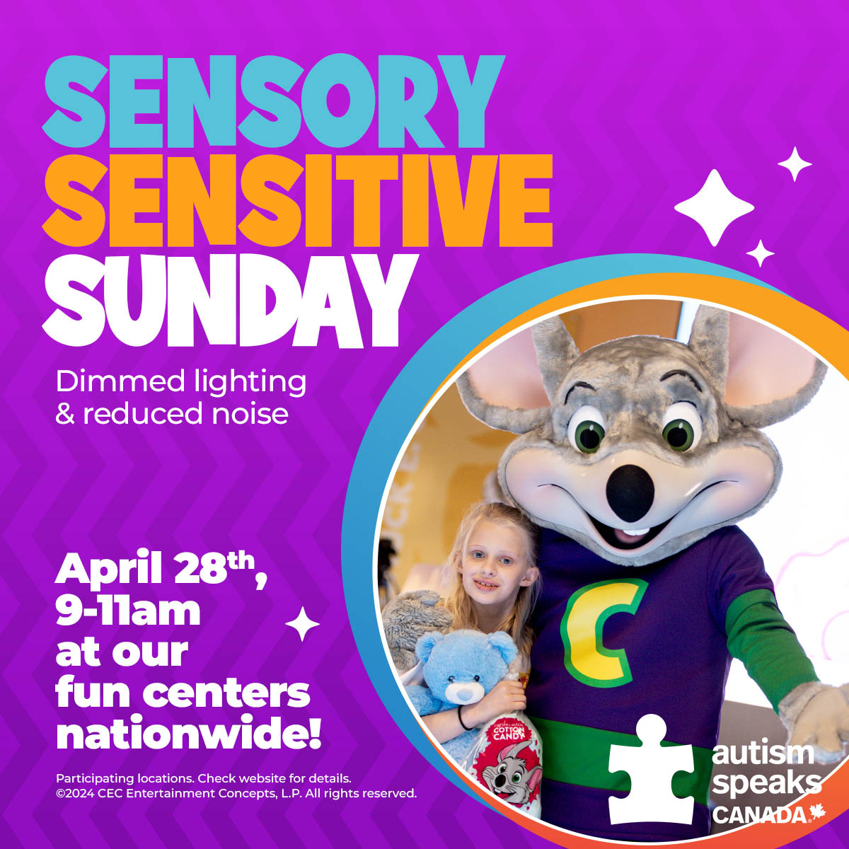 Join us Apr. 28 for a Sensory Sensitive Sundays event at Chuck E. Cheese, They will open two hours early to provide a sensory-friendly dining and arcade experience specifically for children with autism and other special needs. Learn more at: chuckecheese.com/sensory-sensit… #autism#WAM