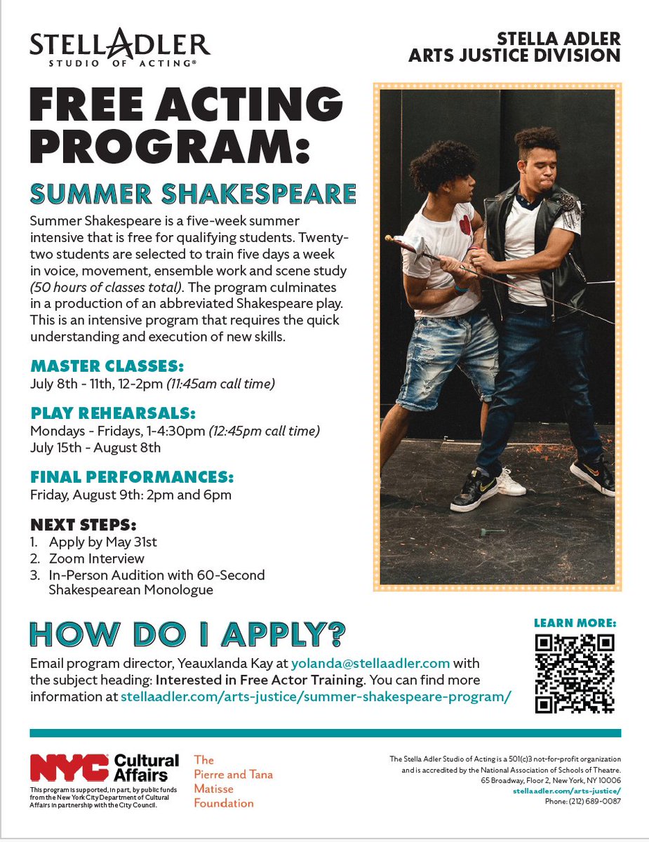 Stella Adler Arts Justice is now interviewing NYC teens for a FREE Summer Shakespeare program! Apply until 5/31! More @ stellaadler.com/arts-justice/s… PRT @DOE @UFT @DOEChancellor @ChalkbeatNY