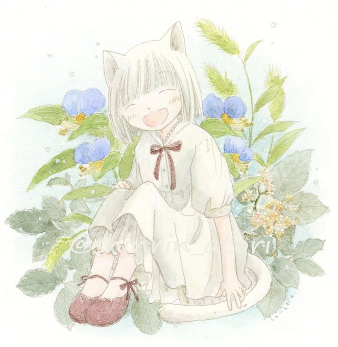 「白猫さんと夏の草」透明水彩・ウォーターフォード・デジタル主線2024年4月#ふわりえにし つゆくさ、エノコログサ、ヤブガラシ。露草の透き通る青、エノコロのあどけなく柔らかな黄緑。ヤブガラシの美しい葉の形がとても好きです。 