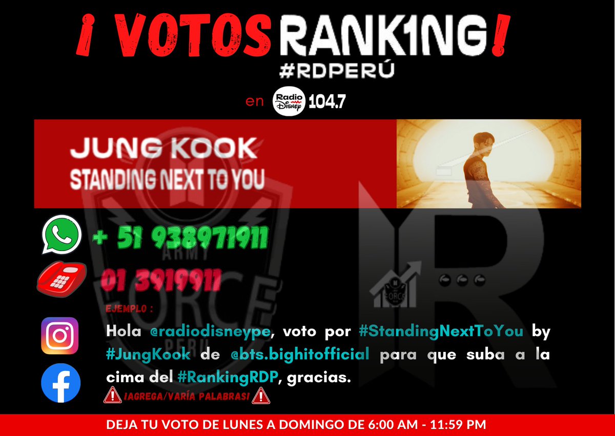 🗳VOTOS RANKINGRDP🇵🇪📻#8(=)🙌 🔥NECESITAMOS MÁS VOTOS🔥 1️⃣Por WhatsApp📣 wa.me/51938971911 2️⃣O llama al ☎️01-3919911 3️⃣Por IG🔔 instagram.com/reel/C5_71o7uM… 📲Ejm: Voto por #StandingNextToYou by #JungKook de #BTS para que suba posiciones en el #RankingRDP.