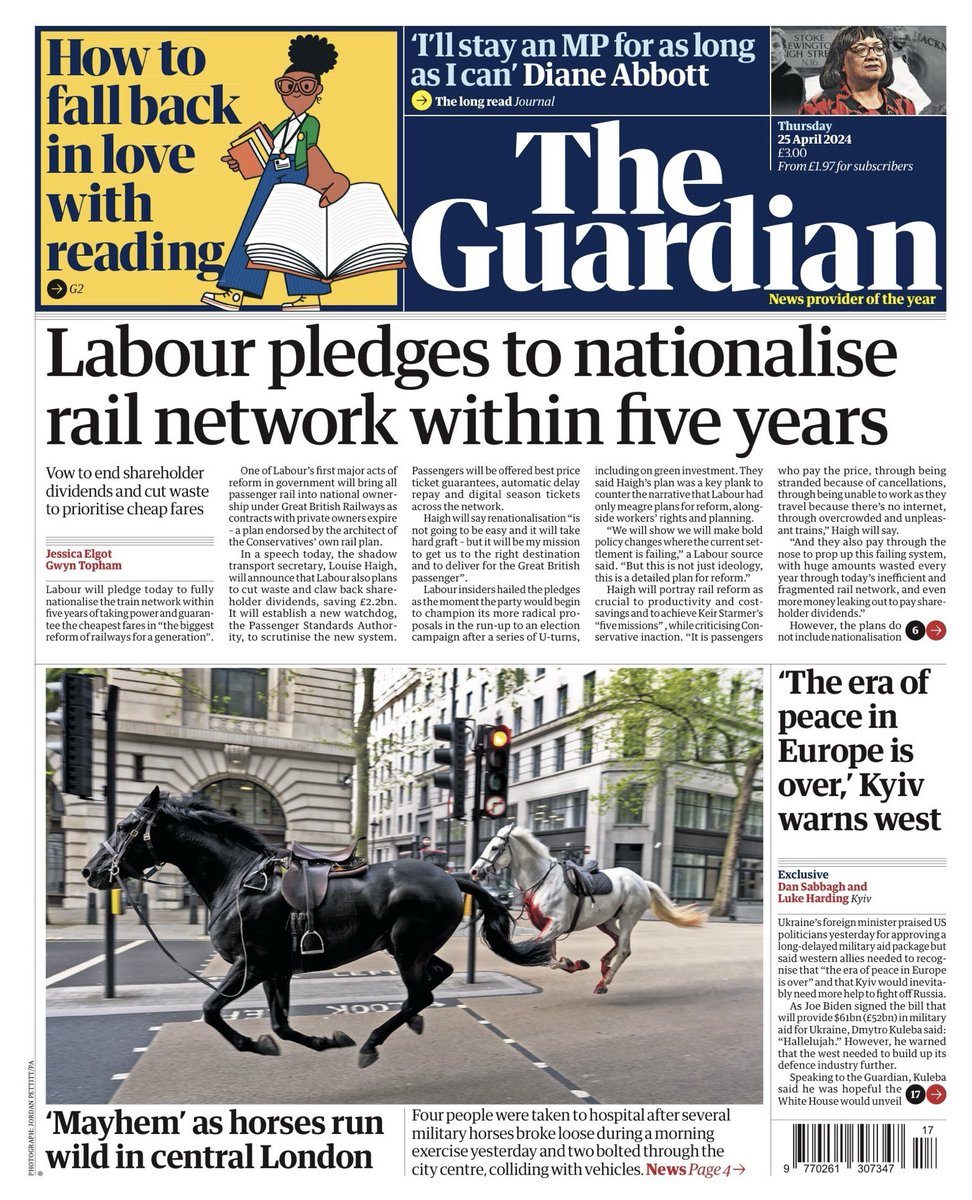 Thursday’s @guardian front page: Labour pledges to nationalise rail network within five years theguardian.com/politics/2024/…