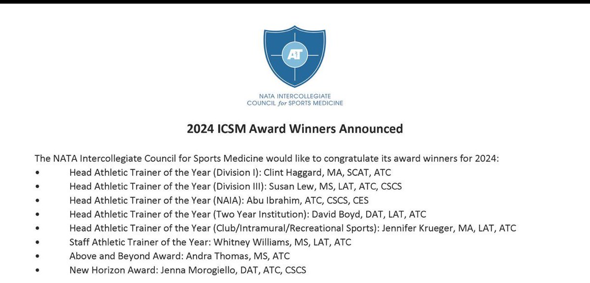 Congrations Susan Lew, head AT at UW-Stout on the NATA-ISCM DIII Head Athletic Trainer of the year award! Thank you for the care you provide to your patients and for representing the profession so well! Congrats!

#WisconsinATs #WATA #WiscoAT #athletictraining #ATSarehealthcare
