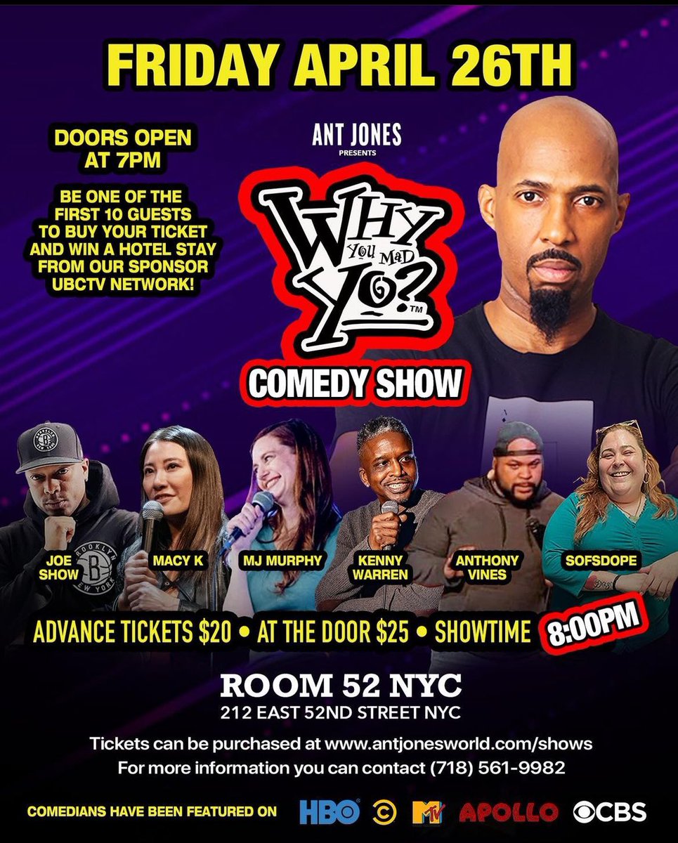 This Friday catch the homie @antjonesworld doing his thing with a dope line up of comedians. @whyumadyo Grab a tickets ⬇️ 

antjonesworld.com/shows

#ComedyShow #AntJones #April #NYC #420community #laughing #SpreadJoy #april26th #whyyoumadyo