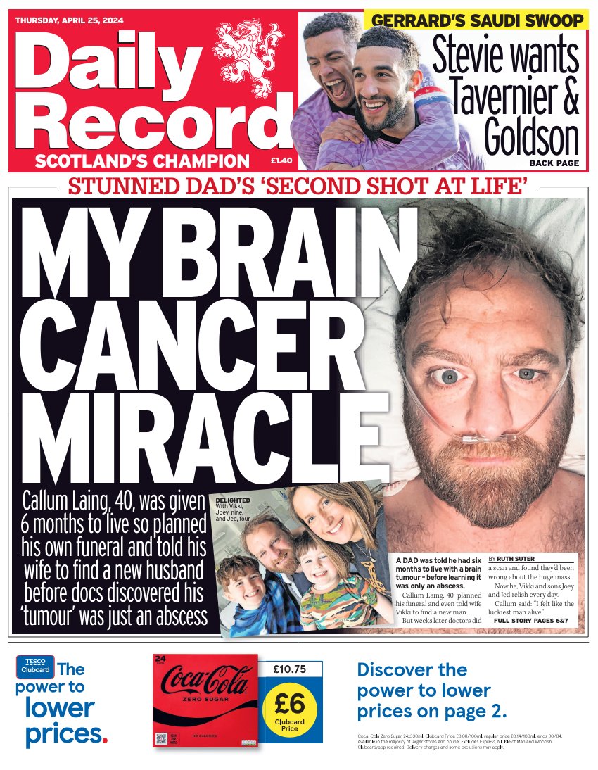 Our front page tomorrow leads on a Scots dad's brain tumour diagnosis- who later learned it was only an abscess #ScotPapers #TomorrowsPapersToday