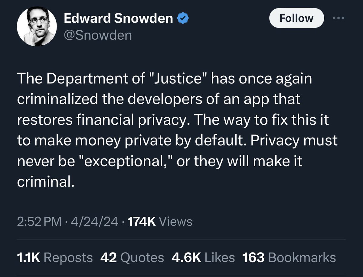 BitcoinMagazine's tweet image. NEW: Edward Snowden on the U.S. Department of Justice arresting #Bitcoin mixing service Samourai Wallet founders and CEO